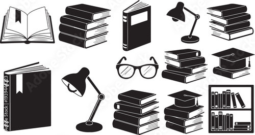Education icons with books, glasses, and lamps on white
