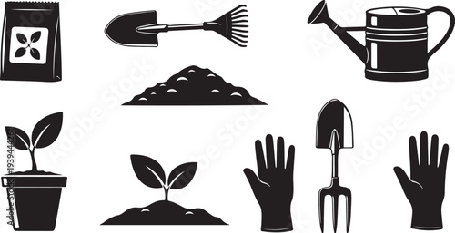 Gardening tools and plants in black and white icons