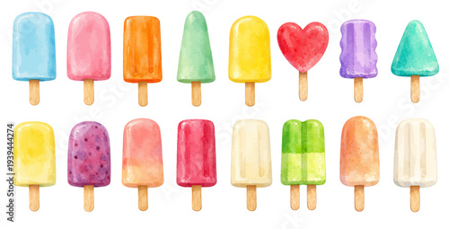 A charming watercolor collection of colorful popsicle ice cream bars for summer dessert illustrations and sweet treat design.