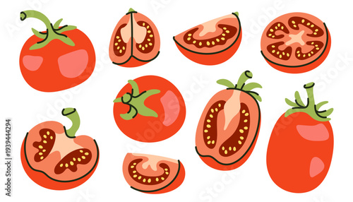 Sliced Red Tomato Pieces, Halves and Whole Vegetables Set flat vector illustration