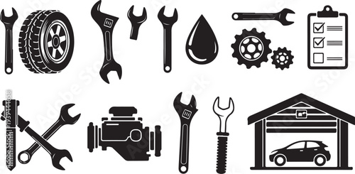 Black and white garage tools and car icons set