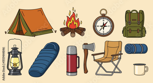 Camping Gear Collection Tent Backpack Compass Campfire.