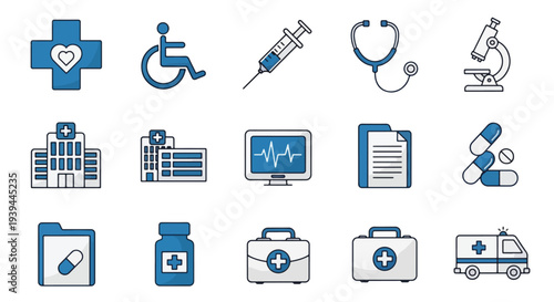 Medical Icons Set Health Care Hospital Science Pharmacy Ambulance.