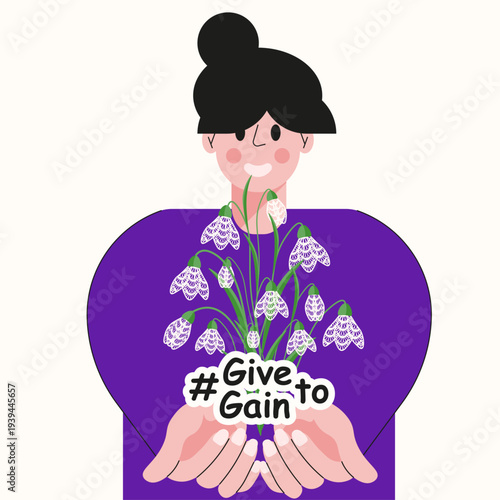 Give to Gain art. Flat vector girl with Lace snowdrops flowers bouquet and #givetogain slogan in hands isolated white. Perfect Internation Women's Day 2026 campaign concept. EPS 10 