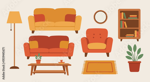 Cozy Living Room Furniture Set Sofa Armchair Coffee Table Bookshelf.