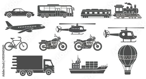 Diverse Transportation Icons Cars Planes Trains Bikes Ships Helicopters and More.