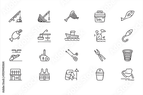Fishing Gear and Angling Equipment Outline Icon Set with Rod Hook Net and Boat