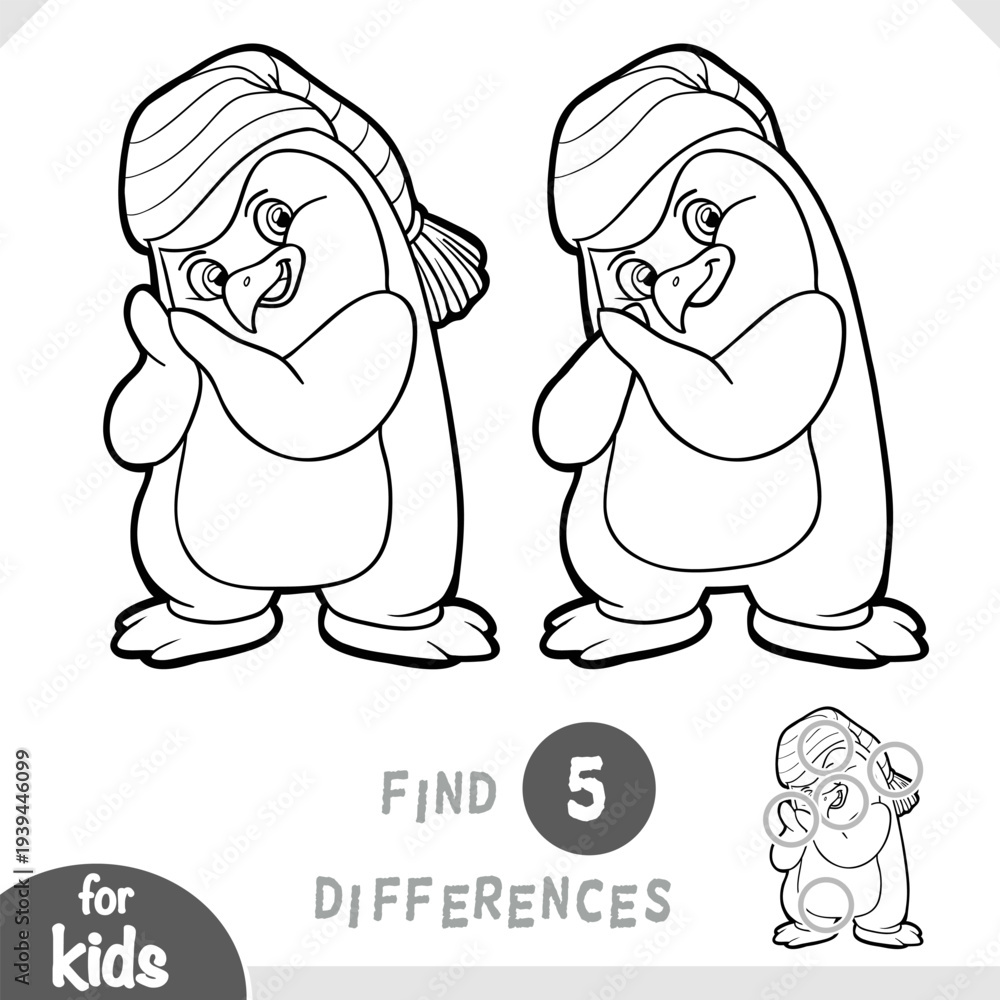 Obraz premium Cute penguin and winter hat. Spot the differences game for kindergarten and preschool children. Black and white coloring page for kids about Christmas animals