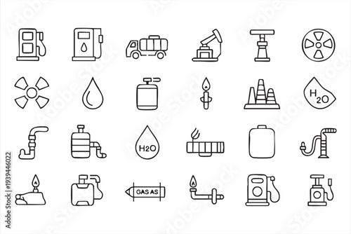 Oil Gas Extraction and Energy Infrastructure Minimal Outline Icon Set