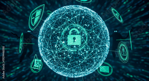 Digital cyber security lock with glowing network connections and data protection shield