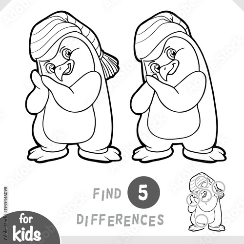 Cute penguin and winter hat. Spot the differences game for kindergarten and preschool children. Black and white coloring page for kids about Christmas animals