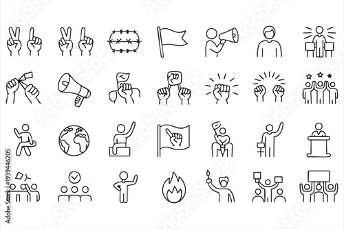 Human Rights Demonstration Icon Collection With Protest Signs Raised Fists And Megaphone Symbols Outline Vector Pack