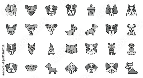 Cute Dog Faces and Figures Icon Set.