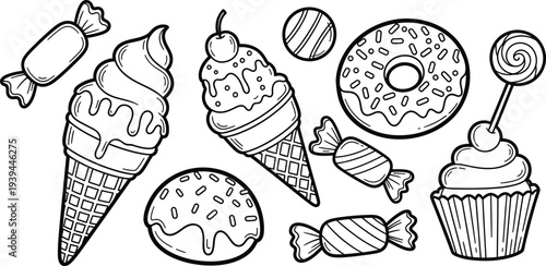 Colouring page for kids sweet treats ice cream donuts and candies fun