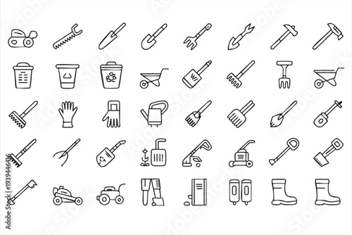 Garden Equipment And Landscaping Tools Line Icons With Spade Fork Gloves And Wheelbarrow Vector Collection