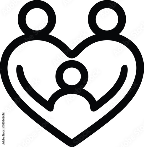 Family unity icon featuring two parents and child inside heart shape for love theme