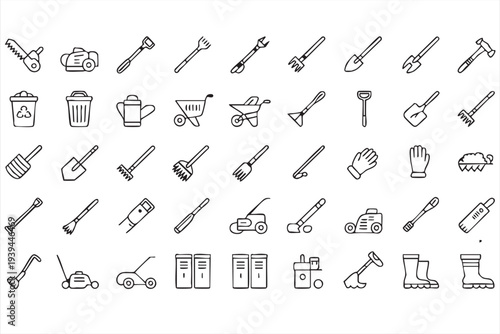 Lawn And Garden Maintenance Outline Icons With Gardening Tools Equipment And Landscaping Symbols
