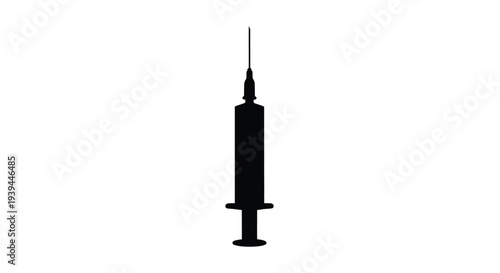 A stark black syringe stands isolated against a white background silhouette