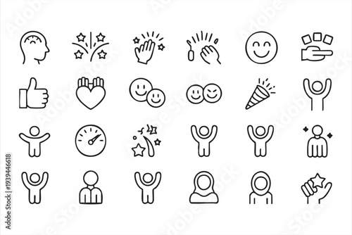 Positive Feedback And Success Line Icons With Rating Stars Celebration And Performance Symbols