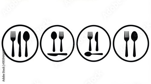 Four plates with different cutlery arrangements on white background