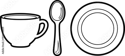Colouring page of a cup spoon and plate for kids fun kitchen utensils
