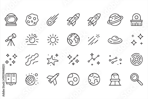 Space Science And Astronomy Icon Set Featuring Planets Meteors Telescope And Cosmic Symbols