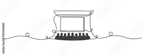 Audience watching presentation in minimalist theater setting. no editable stroke