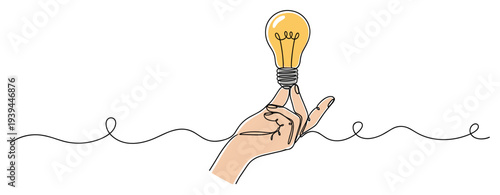 Hand holding light bulb in continuous line drawing on white background. no editable stroke
