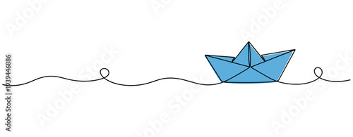 Paper boat floating on calm water line art on white background. no editable stroke