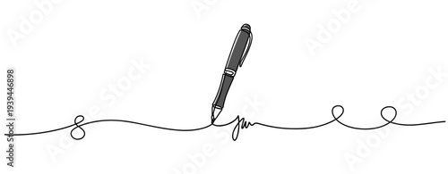 Pen writing continuous line on plain white background. no editable stroke