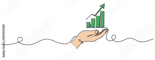 Hand presenting rising bar graph with arrow on white background. no editable stroke