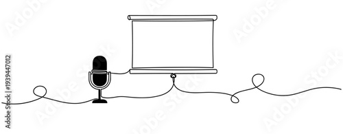 Microphone beside projection screen in simple line illustration. no editable stroke