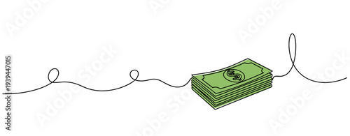 Stack of dollar bills resting on continuous line background. no editable stroke