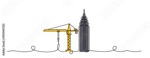 Construction crane assembling skyscraper in urban skyline. no editable stroke