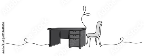 Office desk and chair connected by continuous line drawing. no editable stroke