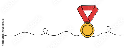 Gold medal hanging from red ribbon on white background. no editable stroke