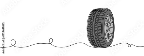 Car tire standing upright on continuous line background. no editable stroke