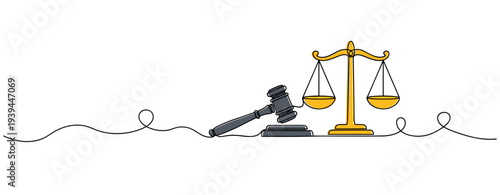 Gavel beside balance scales on white background. no editable stroke