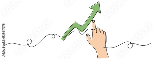 Hand pointing at rising arrow indicating growth in line graphic. no editable stroke