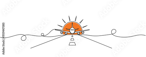 Airplane landing toward rising sun on runway horizon. no editable stroke