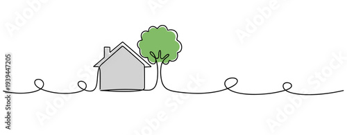 House standing beside tree on continuous line background. no editable stroke