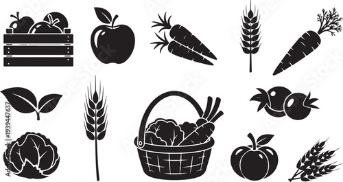 Fresh Harvest Vegetables and Fruits in Black Silhouette Style