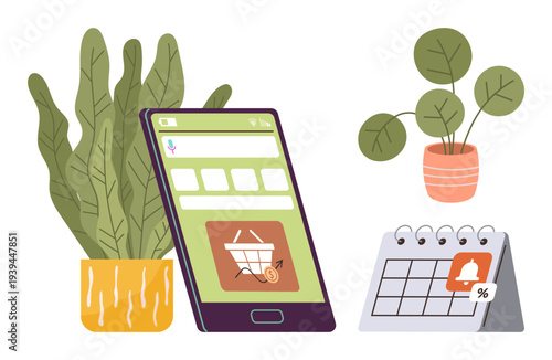 Online shopping, e-commerce, digital marketing, sales reminders, productivity, modern lifestyle. Smartphone with shopping cart icon, calendar with alert decorative plants. Online shopping