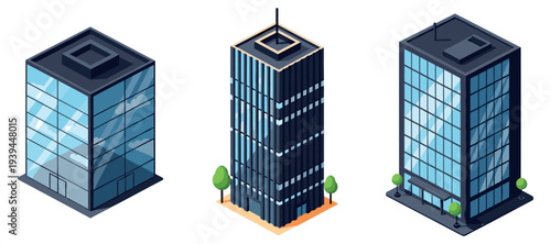 Three isometric buildings illustration isolated