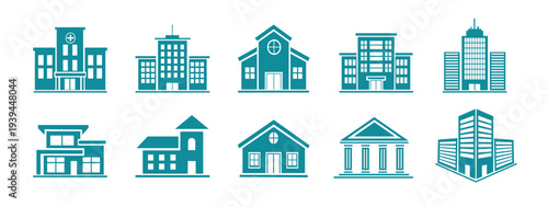 City Buildings Solid Icons Set– House, Bank, Office, Hotel, School Vector Collection.