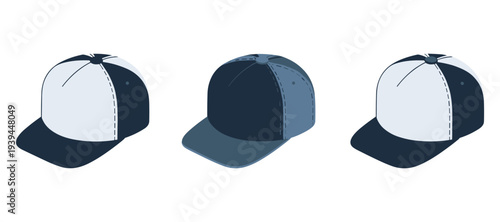 Baseball caps displayed in three isometric hat design variants