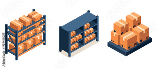 Warehouse cardboard boxes stacked on metal shelving and pallet