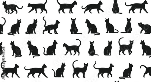 Black cat silhouette grid illustration, feline animal pattern artwork, domestic pet design concept, wildlife taxonomy study, artistic visual challenge decoration