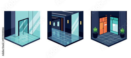 Modern elevator lobbies with glass doors and tiled floors