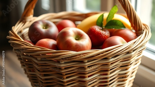 osier. A tightly woven osier basket filled with fresh fruits, natural texture of willow. gardening catalogs, home-decor guides, designed for gardening and botanical catalogs, celebrates nature.